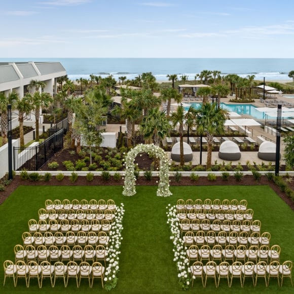 Currents Seaside Entertainment event lawn set up for a wedding ceremony