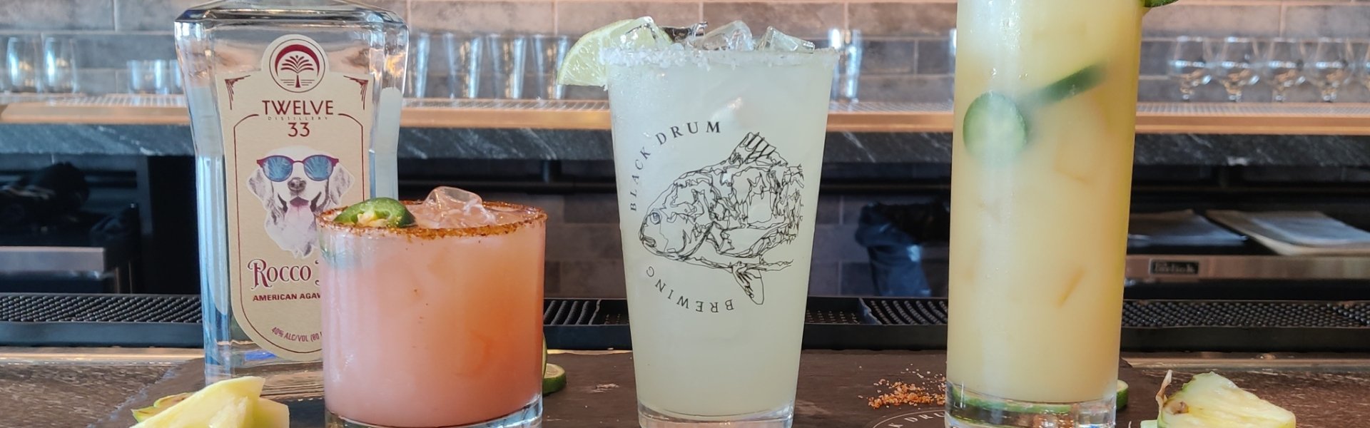 3 different Margaritas at Black Drum Brewing made with Twelve 33 Distillery Rocco Loco