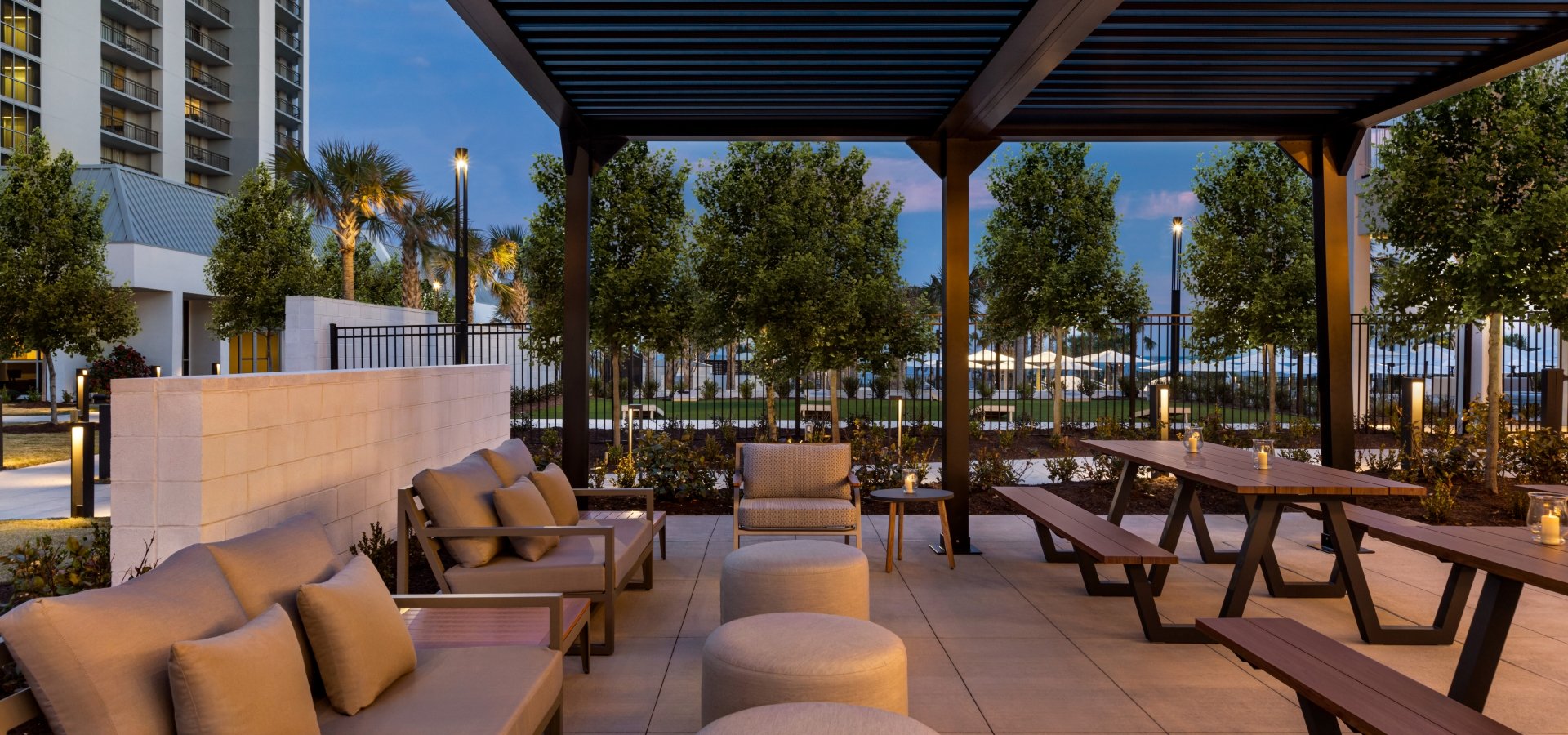 Black Drum Brewing beer garden soft seating under the pergola